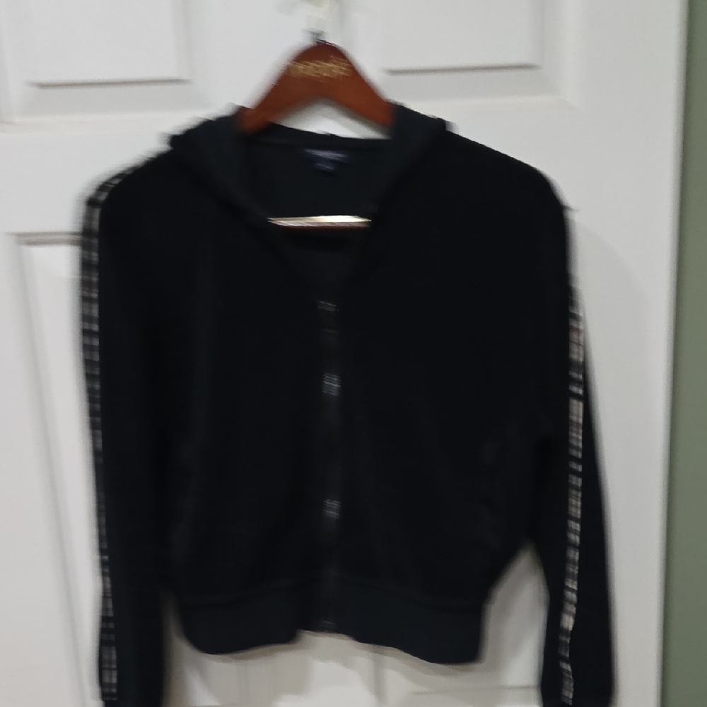 Burberry Navy Blue Zip-Up Hoodie with Side Plaid Stripes Ladies Size L Velour
